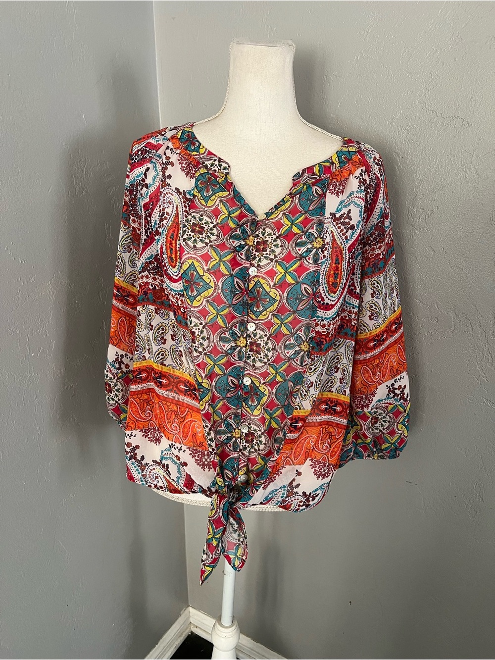 fig and flower Multicolor Paisley Tie-Front Peasant Blouse